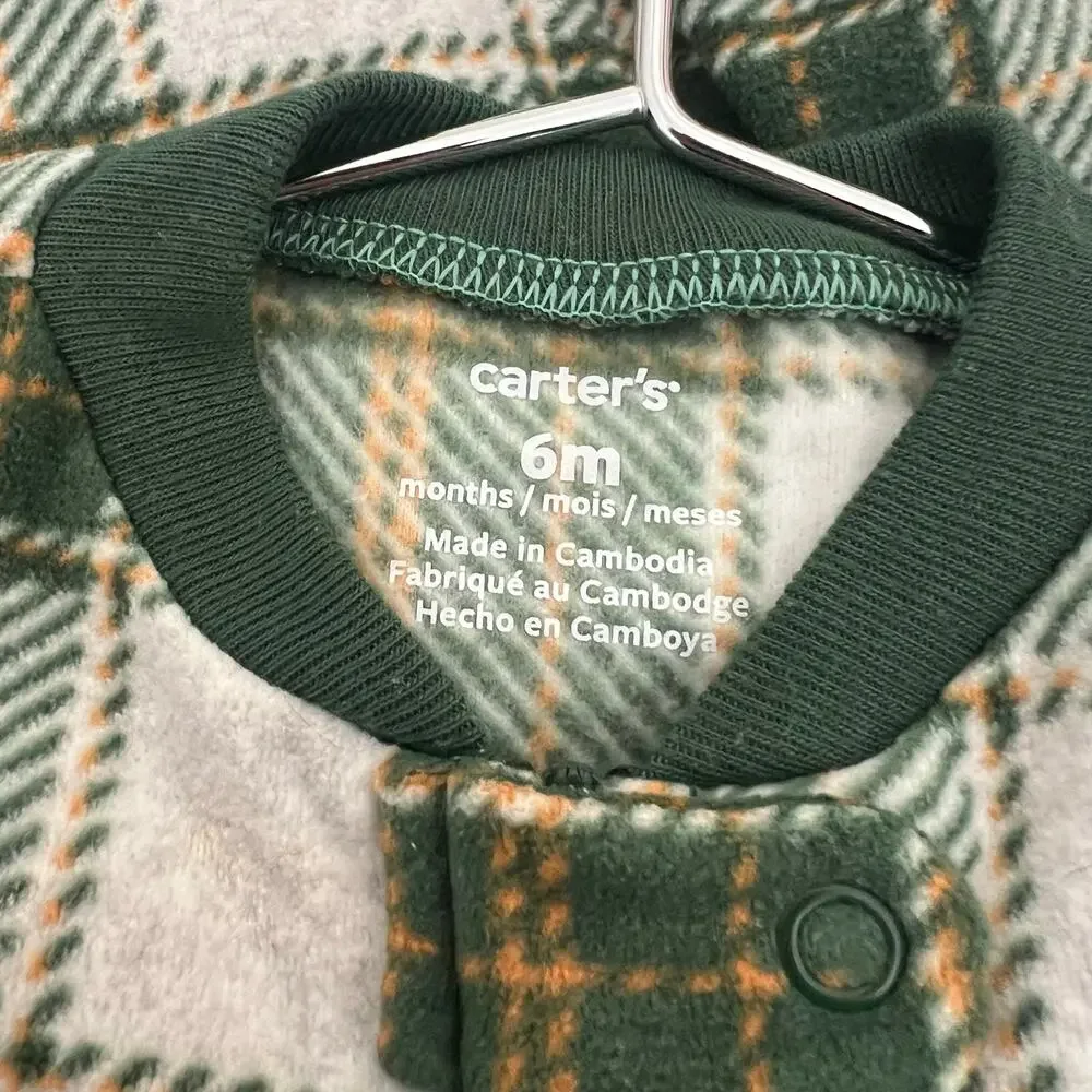 Carter’s reindeer fleece zip footie onesie green tan brown plaid
